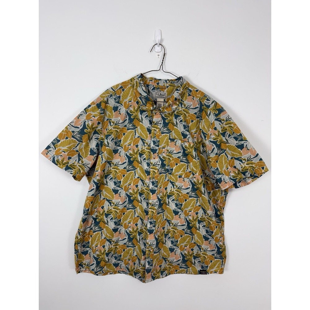 LL Bean All-Adventure Storm Yellow Teal Tropical Resort Floral Camp Shirt Sz XL